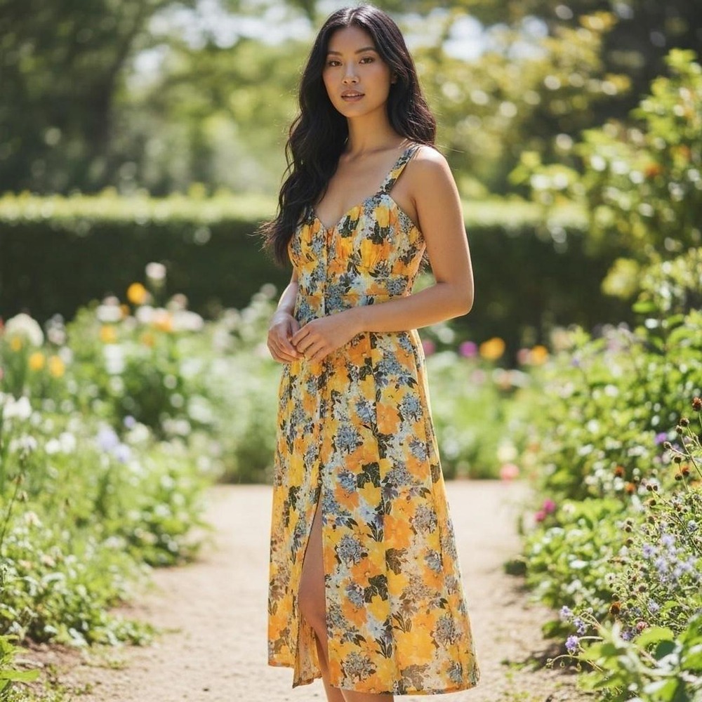 Abercrombie floral midi dress yellow with blue and green flowers